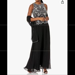 ✅ J Kara dark blue color long dress with white beaded on it with scarf .Size:12p